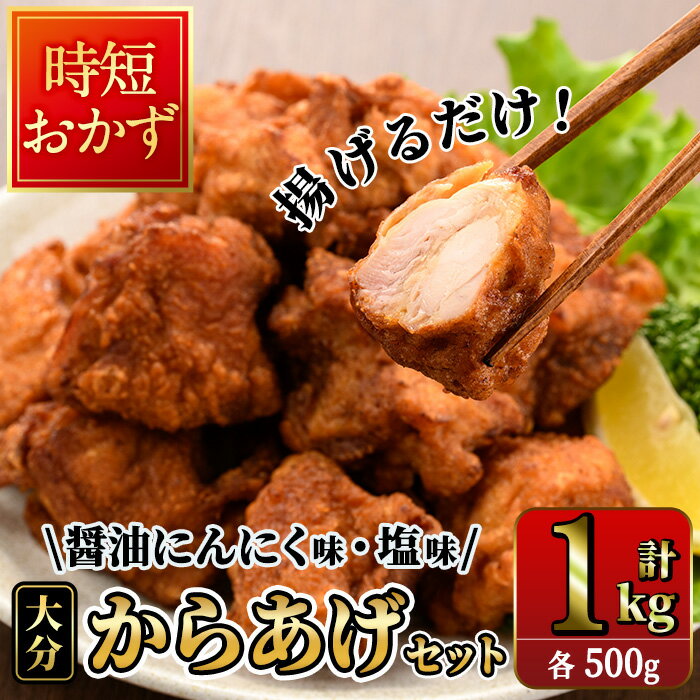 【ふるさと納税】時短おかず 揚げるだけ 大分 からあげ 醤油にんにく味・塩からあげ セット (合計1kg・各500g) 国産 鶏むね肉 鶏もも肉 肉 からあげ 唐揚げ 名物 セット ご当地グルメ 食べ比べ 冷凍 惣菜 お弁当 小分け 簡単 時短 大分県 佐伯市【DH309】【ネクサ】