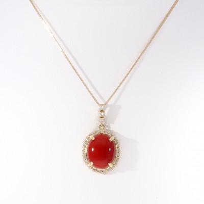 ふるさと納税 山梨県 K18イエローゴールド 血赤 珊瑚 オーバル ダイヤ ネックレス【TK-14511】