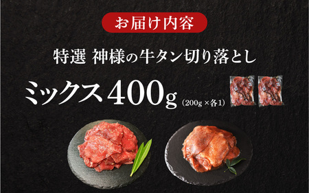 【 スピード発送 】特選神様の牛タン切り落とし　400g（塩だれ1p＋焼肉だれ1p） / 食べ比べ  訳あり スピード配送  お肉の神様