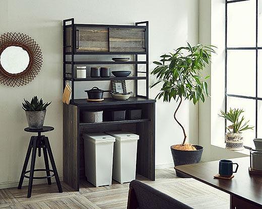 【開梱設置】食器棚 レンジ台 アイン 上台引き戸タイプ 幅89.7cm ブルックリン キッチンボード ゴミ箱収納 ダスト収納 キッチン収納 おしゃれ 大川家具 幅90cm 収納家具 アイアンフレーム