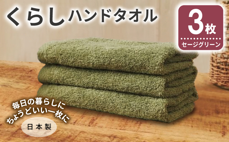 くらしハンドタオル 3枚 セージグリーン【泉州タオル たおる 国産 吸水 普段使い シンプル 日用品 家族 ファミリー 大阪 泉佐野 大阪府 泉佐野市】