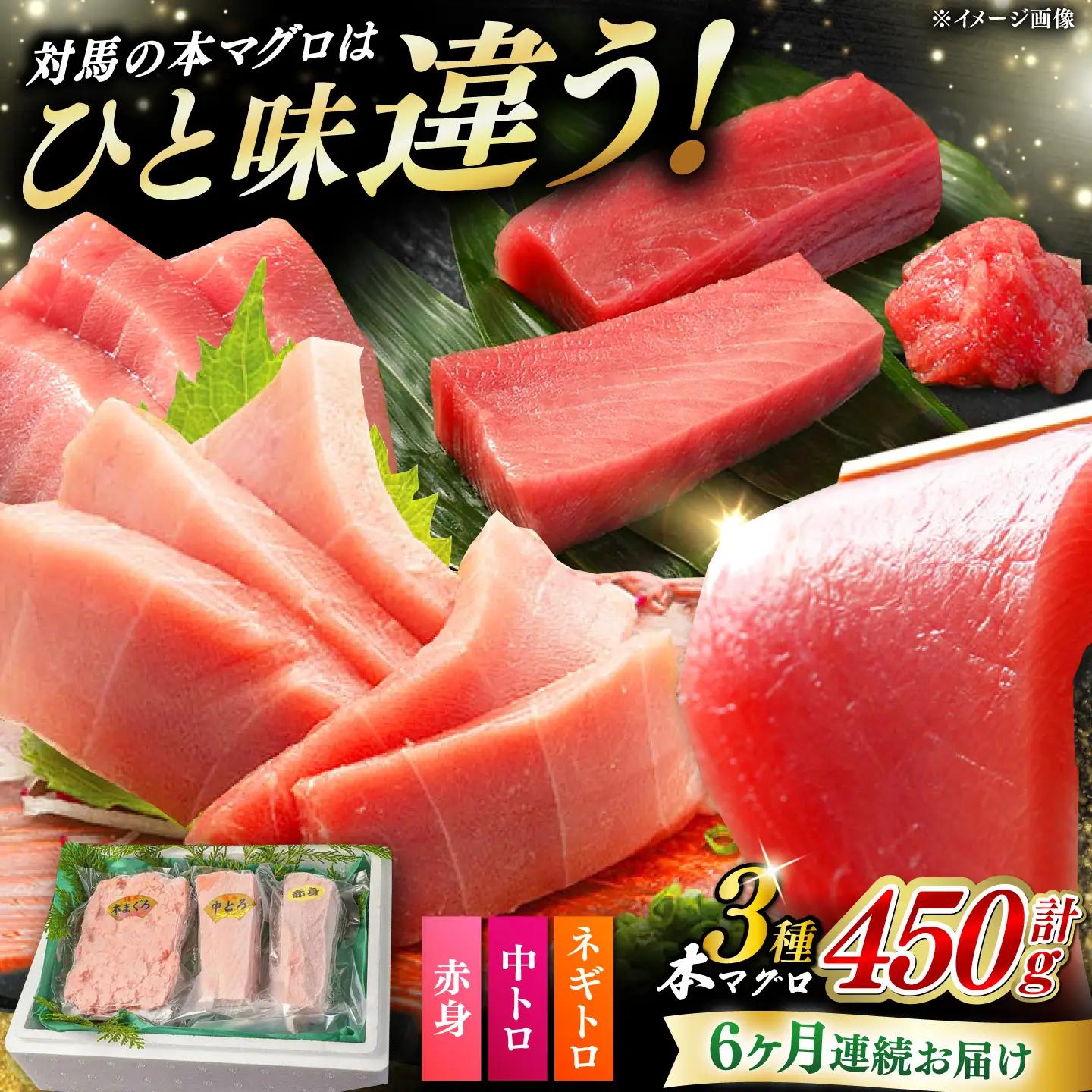 【全6回定期便】対馬産 本マグロ 3種 計450g（赤身/中トロ/ネギトロ） [WAH013] マグロ まぐろ 本マグロ トロ 赤身 ネギトロ 