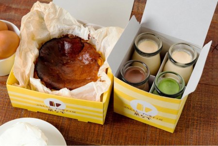 シェフのおすすめセット (バスクチーズケーキ1ホール4号サイズ、菓なでぷりんプレーン2本、ショコラ1本、抹茶1本) | チーズケーキ プリン [3212]