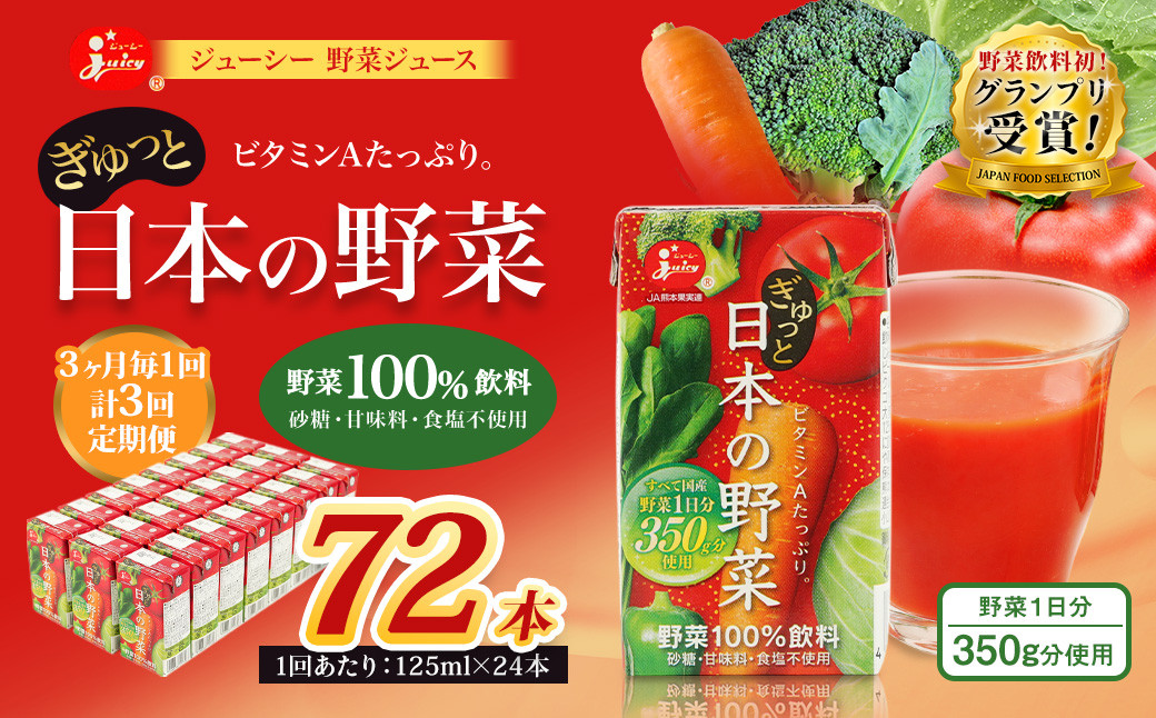 【3ヶ月毎3回定期便】ジューシー 野菜ジュース ぎゅっと日本の野菜100％ 125ml×24本