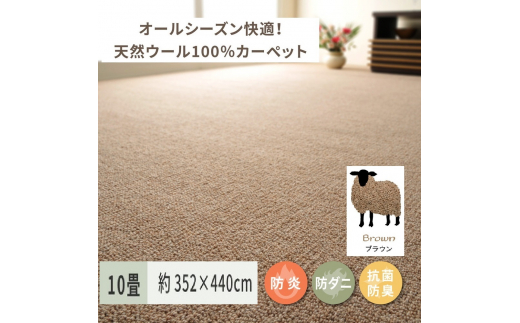 
天然ウール100%の 防炎 カーペット 1枚 10帖 ブラウン 約352×440cm 600023690 [3524]
