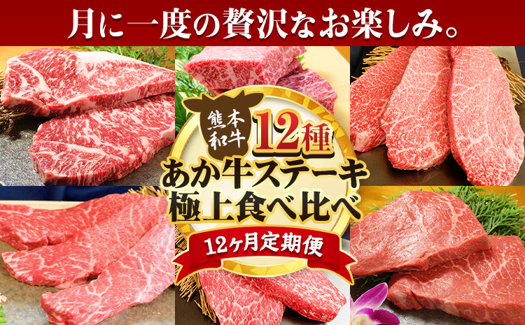 
【12ヶ月定期便】あか牛 ステーキ 12種 極上 食べ比べ 定期便 12回《お申込み月の翌月から出荷開始》有限会社 三協ダイニング サーロイン ランプ 肩ロース イチボ 三角バラ カイノミ ミスジ クリミ ザブトン シャトーブリアン リブロース モモ あか牛のたれ
