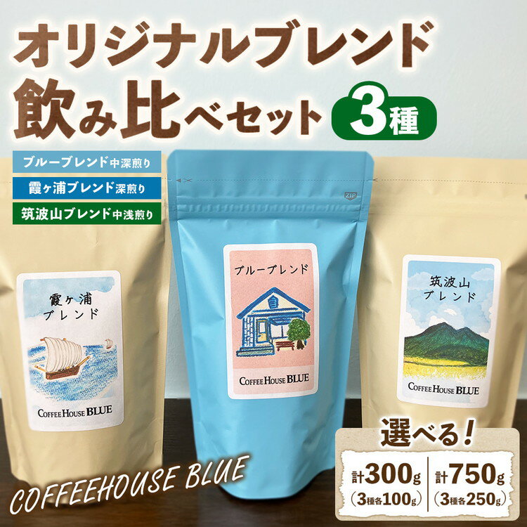 【ふるさと納税】【選べる内容量】ブルーブレンド＋霞ヶ浦ブレンド＋筑波山ブレンド（100g×3種・250g×3種） | コーヒー 珈琲 コーヒー豆 自家焙煎 ブレンド オリジナル 飲み比べ