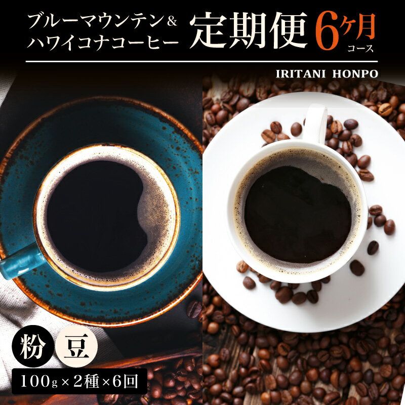 【ふるさと納税】定期便 6ヶ月 コーヒー 豆 粉 選べる 各 100g 2種 ブルーマウンテン ハワイコナコーヒー シルキーな舌触り 苦味 酸味 甘味 コク 調和がとれた味わい スッキリとした雑味の少ないフルーツ酸が特徴 酸味の女王 お取り寄せ 送料無料