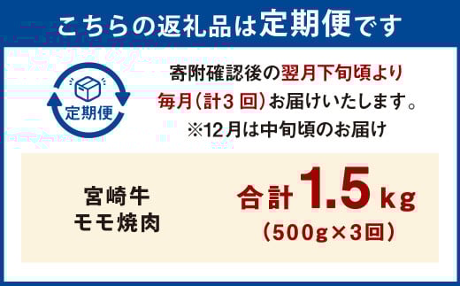 【3ヶ月定期便】＜宮崎牛モモ焼肉 500g（1パック：500g×3回）＞ お申込みの翌月下旬頃に第一回目発送（12月は中旬頃） 牛肉 お肉 肉 和牛 新生活応援 卒業祝い 就職祝い 入学 卒業 お花見
