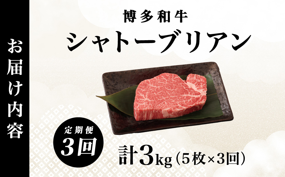 ＜3回定期便＞【博多和牛】ヒレ シャトーブリアン 200g×5枚 (ダイヤモンドカットで希少部位を堪能)｜牛肉 久田精肉店 黒毛和牛 ステーキ 冷凍【HD046】