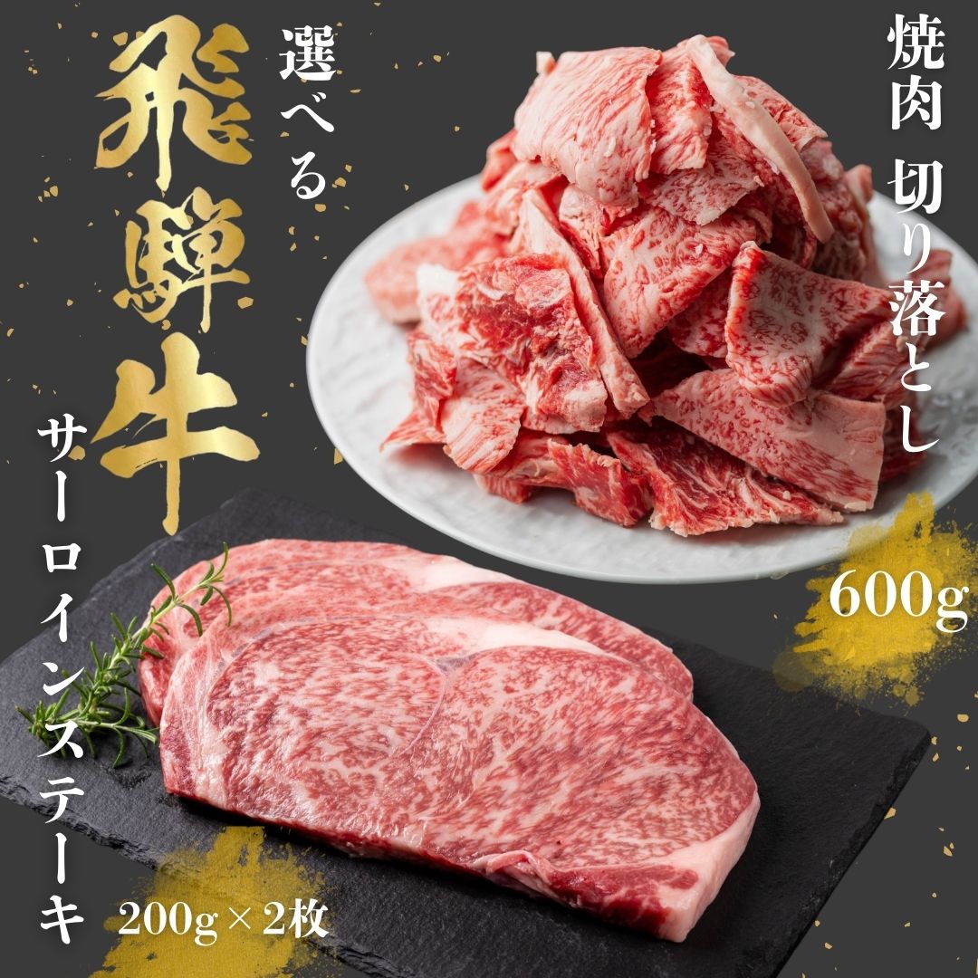 【ふるさと納税】選べる 飛騨牛 焼肉 切り落とし 600g サーロインステーキ 200g×2枚 400g 訳あり 訳アリ 不揃い カルビ 牛肉 肉 ステーキ バーベキュー BBQ 和牛 贈答 ギフト 焼き肉 切り落とし わけあり ふぞろい ワケアリ 駿河屋 15000円 おすすめ 岐阜県 白川村 [S767]