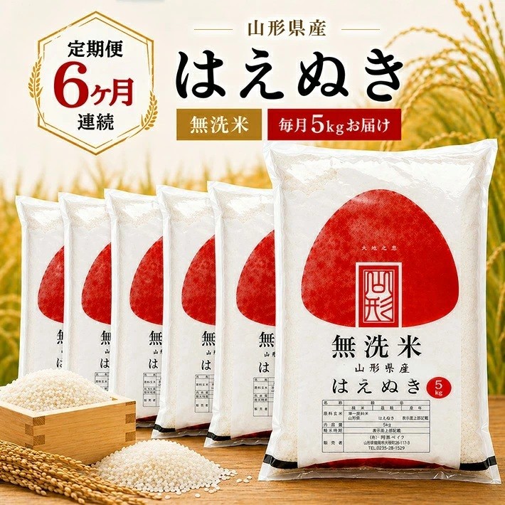 
                  ≪6ヶ月定期便≫ 無洗米 はえぬき 5kg×6ヶ月連続 計30kg 山形県産 毎月中旬にお届け 東北 山形県 遊佐町 庄内地方 精米 白米 セット 阿部ベイコク
                