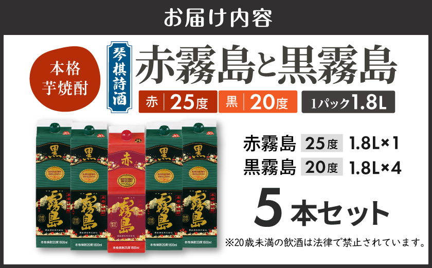 琴棋詩酒!赤霧島と黒霧島1.8L×5本セット ≪みやこんじょ特急便≫〔24-20-001-Q〕