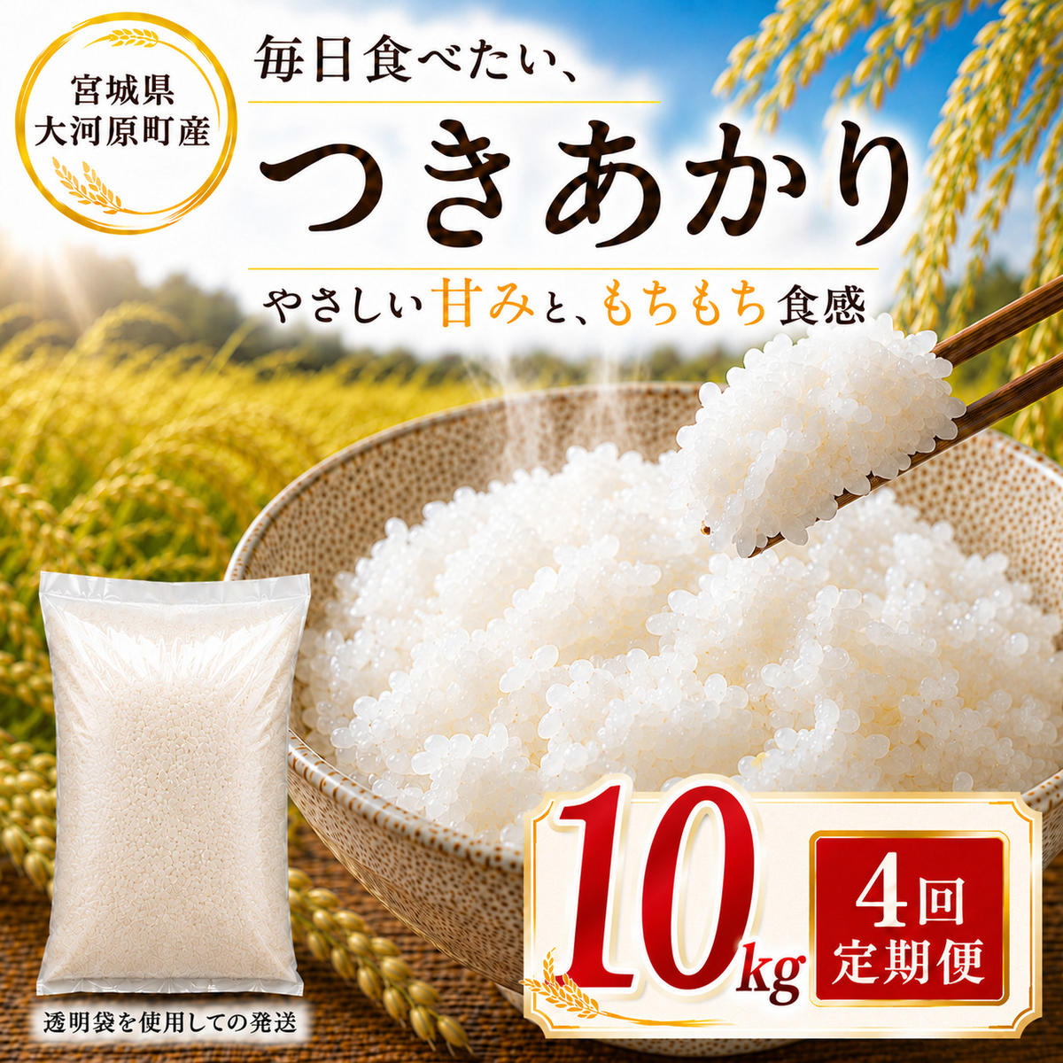 つきあかり 定期便 4回/10kg（5kg×2袋） 令和8年産 新米 ブランド米 白米 精米 【小分け】 宮城県大河原町産