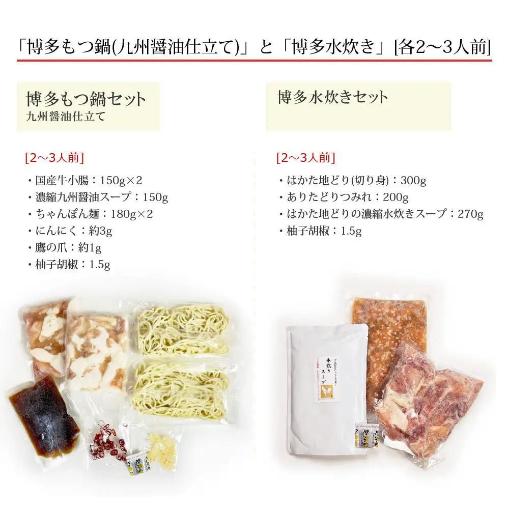 博多鍋セット【4】博多の人気2大鍋のセット「九州醤油もつ鍋」と「博多水炊き(切り身)」4～6人前 D23J