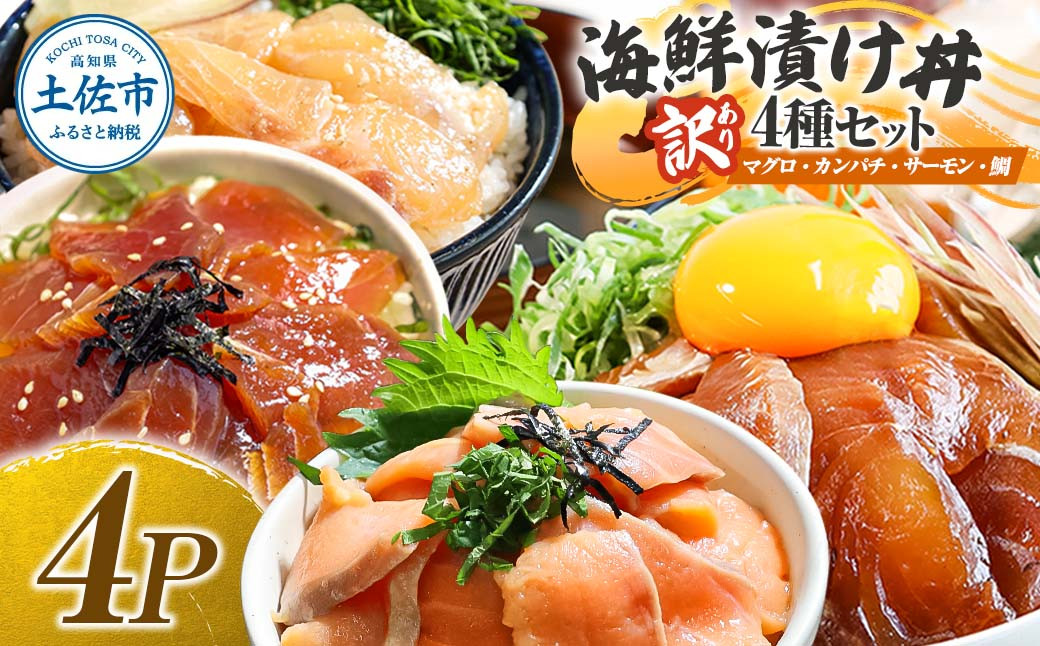 
                  【訳あり】土佐の海鮮漬け丼（4種×各1袋）セット 漬け丼 タイ サーモン マグロ カンパチ 海鮮 魚介 お取り寄せ 訳あり 高知県 土佐市【企業組合宇佐もん工房】[BQAB039]
                