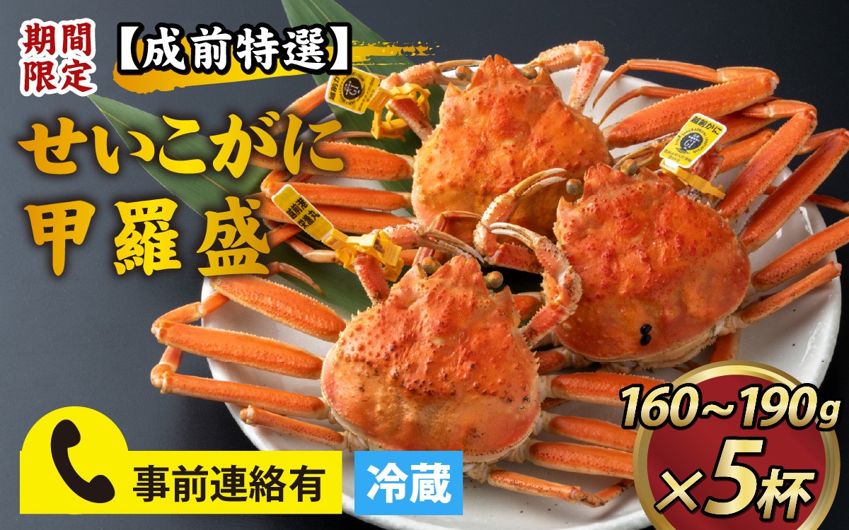 
            美味しさ直送！ 【成前特選】せいこがに（160g～190g）×5杯【期間限定】】[G-028043_FC] / 福井県 福井 メス 雌 せいこ ズワイガニ ボイル 冷蔵 越前ガニ 越前がに 越前カニ ずわいがに ずわい蟹 かに カニ 蟹 茹で 甲羅盛り 甲羅盛 チルド 越前蟹 ずわい ズワイ 茹で蟹 茹で むき身
          