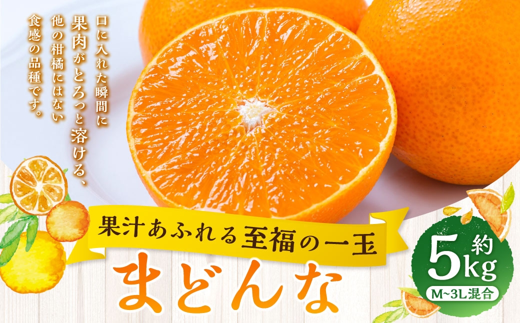 
                  【 果汁あふれる至福の一玉 】 まどんな （ 紅まどんなと同品種 ） 約5kg みかん ミカン 柑橘 柑橘系 柑橘類 くだもの 果物 フルーツ 果実 果汁 果肉 国産 愛媛県産 薄皮 【 2026年11月下旬-2027年1月下旬発送予定 】 ( 1112 )
                