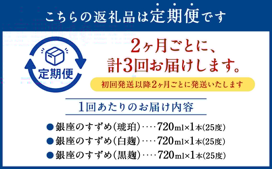【2ヶ月ごと3回定期便】25度銀座のすずめ飲み比べ3本セット（琥珀・白麹・黒麹）