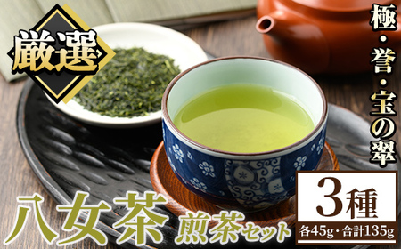 八女茶煎茶セット 極・ 誉・宝の翠 (合計3本・各45g) 八女茶 緑茶 せん茶 お茶 福岡 やめ 常温 常温保存 セット 飲み比べ 【くしだ企画】as44-005