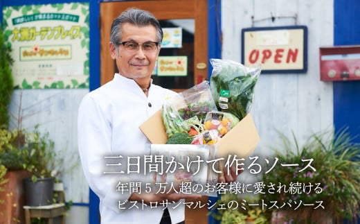 【全12回定期便】栽培期間中農薬不使用！サラダ野菜とシェフ自慢のミートソースセット♪