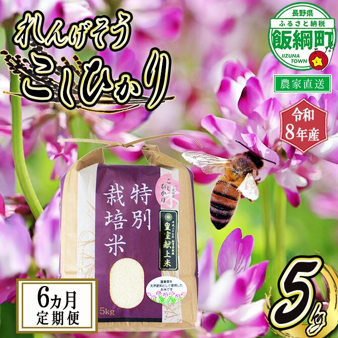 【ふるさと納税】 米 れんげそう こしひかり 5kg 【6カ月定期便】( 令和8年産 ) 特別栽培米 仲俣農園 長野県 飯綱町 〔 コシヒカリ 新米 お米 信州 予約 農家直送 〕発送時期：2026年10月上旬より順次発送予定