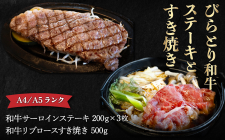 【A4/A5ランク黒毛和牛】びらとり和牛ステーキとすき焼きセット　オリジナルタレ付き BRTB024