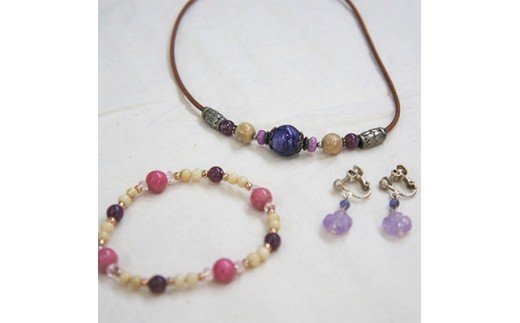 彩りハンドメイド天然石アクセサリーお揃い3点(イヤリング,ブレスレット,ネックレス)セット [0064]