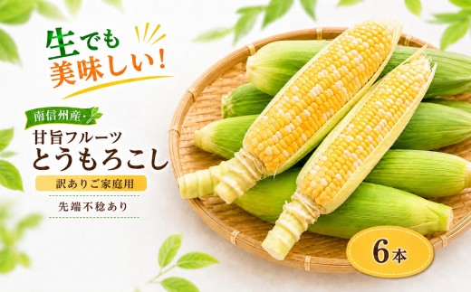 【訳ありご家庭用】 生でも美味しい! 南信州産 ・ 甘旨 フルーツとうもろこし 【6本】＜2026年7月中旬～発送＞| テトテ農園 とうもろこし トウモロコシ 野菜 ジューシー 農家直送 栄養 健康 生食 茹で 焼き おやつ おつまみ 長野県 飯田市 信州