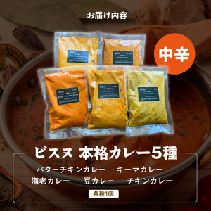 【中辛】ビスヌ 本格カレー 5種_ビスヌ 本格 カレー 5種 バターチキン 豆 海老 チキン キーマ 各 1個 中辛 インドカレー スパイス こだわり インド 直輸入 Aランク できたて 冷凍 真空パ