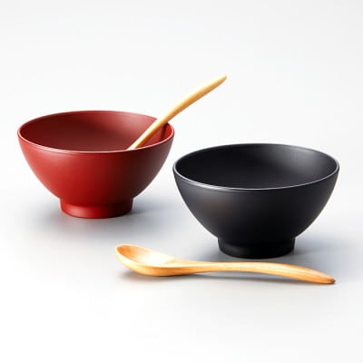 越前塗 こぶり椀ペア スプーンセット 吟朱・黒 φ10.4×5.4cm 食洗機・レンジ対応【1337780】