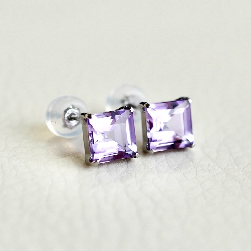 【ジュエリー】Pt900 プラチナ アメシスト 一粒石 ピアス スクエアカット 6mm 保証書付 SIA-3321