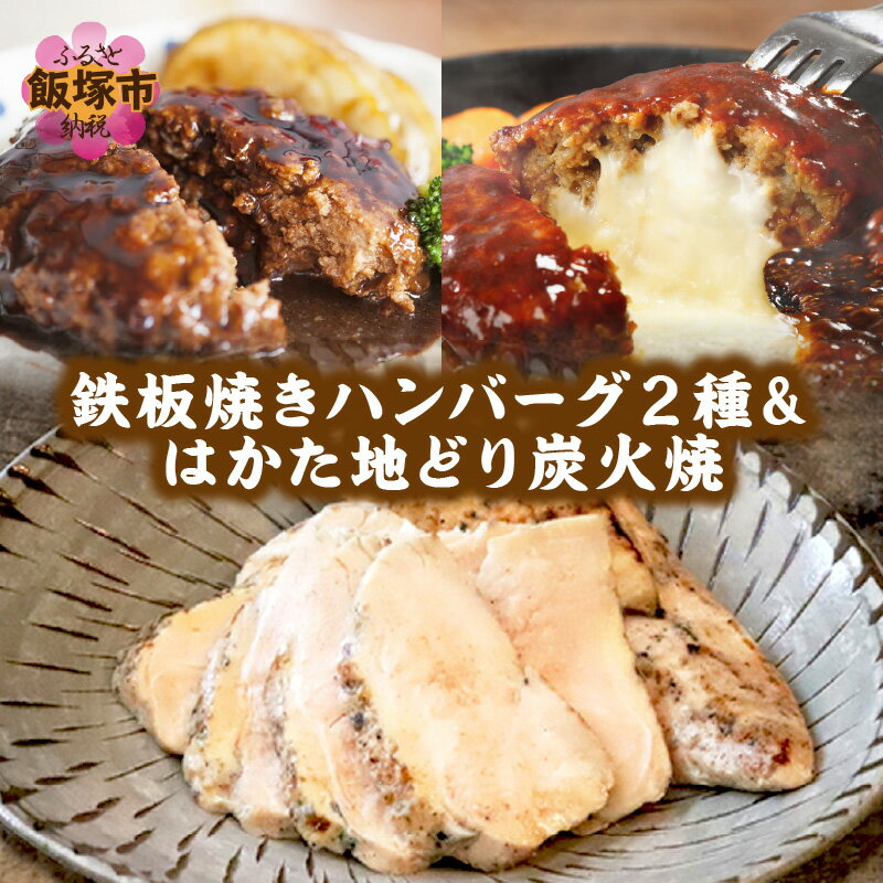 【ふるさと納税】★レビューキャンペーン実施中★鉄板焼きハンバーグ(2種16個)＆はかた地どり炭火焼(1kg 小分け)セット ハンバーグ 地鶏 炭火 炭火焼 セット デミソース 鉄板焼き チーズハンバーグ 福岡県飯塚 送料無料【C-141】【20250303_2レビューCP】