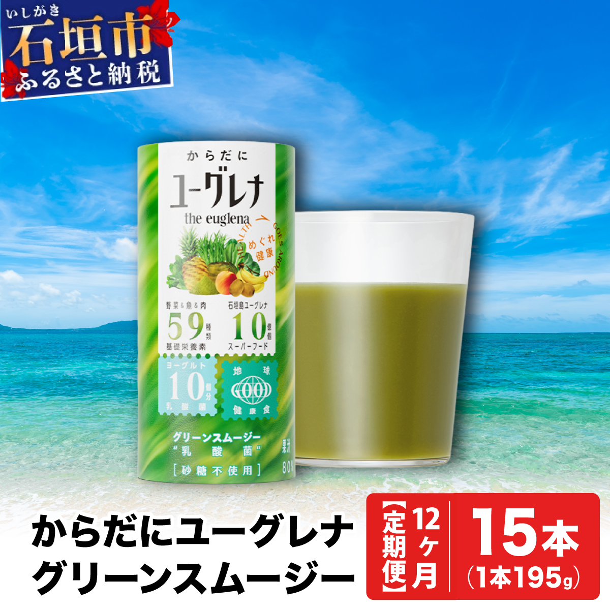 【定期便】《12ヶ月》からだにユーグレナ グリーンスムージー乳酸菌 (195g×15本×12回) | ユーグレナ スムージー 健康飲料 乳酸菌飲料 健康 栄養 栄養価 ふるさと 沖縄県 沖縄 石垣 石垣島 石垣市