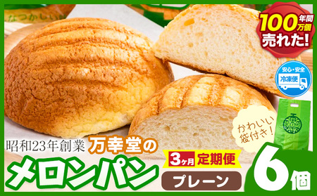 【3ヶ月定期便】パン メロンパン 冷凍 プレーン 6個 手土産 おすそ分け スイーツ パン ギフト 菓子パン 万幸堂 《お申し込み月の翌月から出荷開始》熊本県 荒尾市 送料無料 ベーカリー おやつ 個包装 給食 でおなじみ！ 美味しいパン 手作りパン ベーカリーパン 焼きたてパン