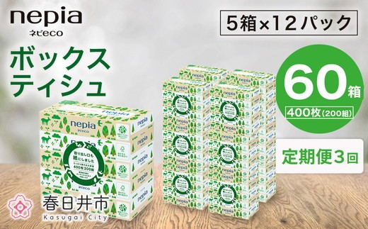 【4か月おき】【定期便】3回発送 選べる発送間隔 ネピア ネピecoティシュ200組　5箱×12パック | 日用品 消耗品 必需品 ティッシュ ボックスティッシュ 箱ティッシュ ストック 花粉症 花粉 防災 備蓄 まとめ買い 全国 発送 eco サステナブル 一人暮らし nepia ネピア