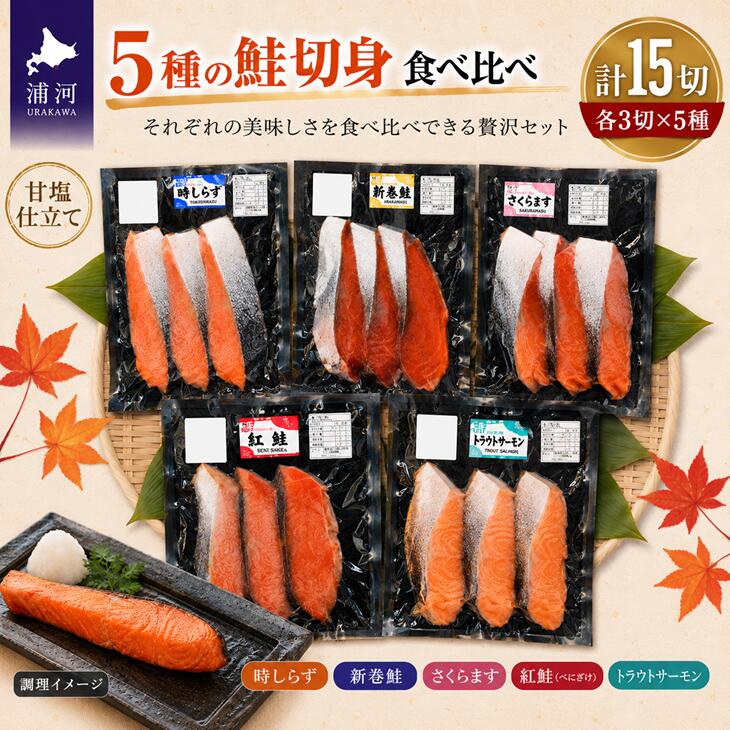 【ふるさと納税】5種の鮭切身食べ比べセット計15切(トラウトサーモン・時しらず・新巻鮭・さくらます・紅鮭)[02-1522] 北海道 浦河 ふるさと納税 北海道産 鮭 切身 時鮭 時しらず 新巻鮭 さくらます 紅鮭 トラウトサーモン 5種 食べ比べ 送料無料