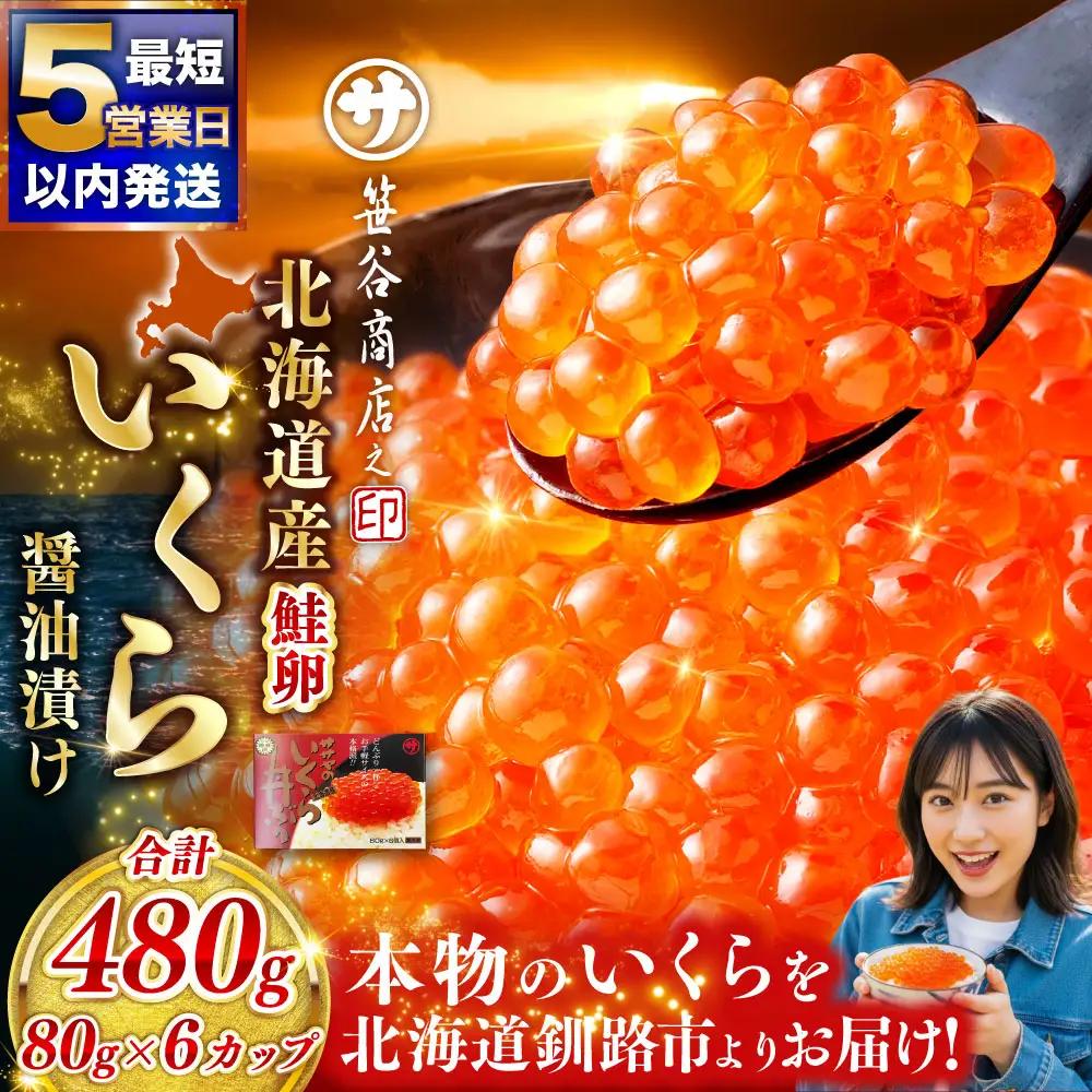 【5営業日以内発送】新物 北海道産 いくら 醤油漬け 80g×6カップ 計480g 北海道 笹谷商店 小分け ギフト 釧路 ふるさと納税 イクラ 魚卵 魚介類 海産物 