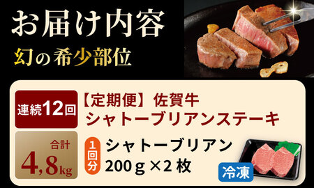 【定期便】佐賀牛プレミアム定期便　シャトーブリアンステーキ400g（200ｇ×2）（全12回/連続月お届け） 冷凍 赤身 国産 お肉 ブランド牛 牛肉 ステーキ フィレ 希少部位 贅沢  Q960-0
