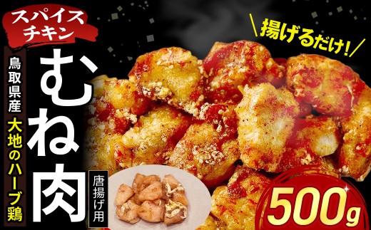 【鳥取県産 大地のハーブ鶏】 スパイスチキン 唐揚げ 500g  KC232 むね肉 一口カット 鶏肉 チキン 鳥取県 倉吉市
