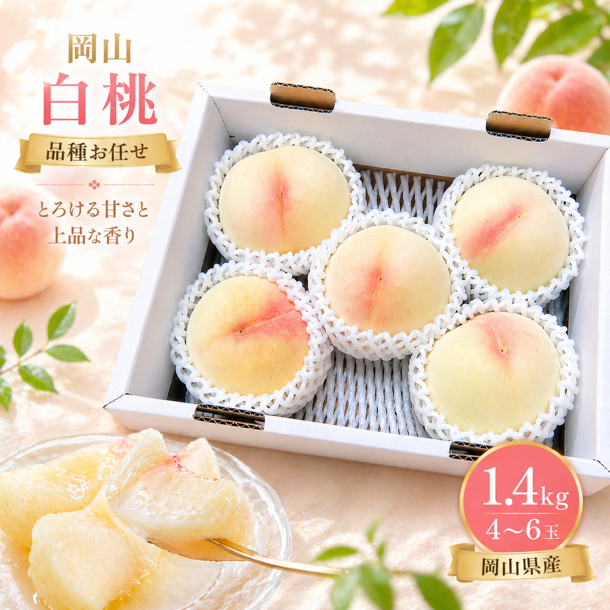 桃【2026年先行予約】完熟の岡山白桃 約1.4kg（4～6玉）ご家庭用 品種お任せ＜はなよめ、加納岩白桃、晴れ未来（早生白鳳）、白鳳、なつごころ、清水白桃、おかやま夢白桃、川中島白桃、白皇＞ご家庭用 もも 白桃 桃 モモ くだもの フルーツ 果物 産地直送 農家直送 きびもも園【kbmm002】