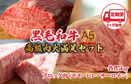【定期便3回】黒毛和牛 A5 ブロック肉 食べ比べセット 4.5kg モモ・ヒレ・サーロイン