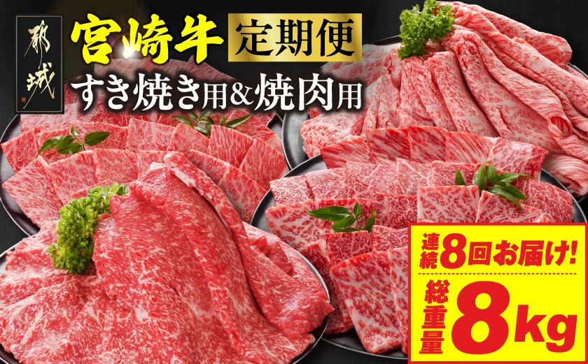 
                  ≪8回連続お届け≫宮崎牛赤身霜降り食べ比べ定期便M(総重量8kg)_T136-8-N201_(都城市) 宮崎牛 スライス 焼肉 2種セット 肩ロース又はロース ウデ又はモモ
                