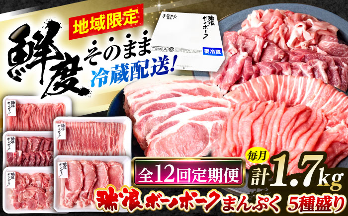 【12回定期便】※冷蔵配送/地域限定※ 岐阜県産 豚 瑞浪ボーノポーク まんぷく 5種盛り 1.7kg (ロースしゃぶしゃぶ・肩ロース焼肉・バラスライス・小間切・ローステキカツ) 瑞浪市 / きなぁた