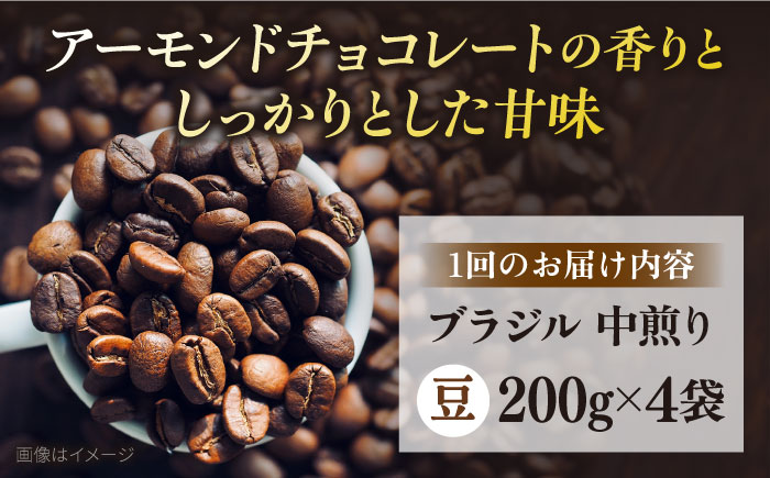 【全3回定期便】コーヒー豆 自家焙煎 中煎り ブラジル 200g×4 TSUKIKOYA COFFEE ROASTER ツキコヤ【株式会社RUINS】 [AKAD025]