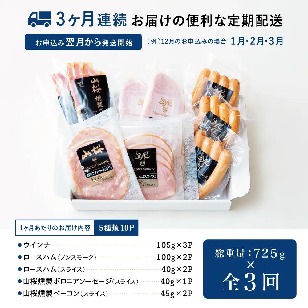 【定期便3回：3ヶ月連続】マイスター山野井 ハム・ソーセージ 5種（計10P）ウインナー ベーコン ハム スライス 肉 豚肉 詰め合わせ 詰合せ セット 小分け 鹿児島 グルメ 冷蔵 定期配送 南さつ