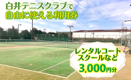 白井テニスクラブ利用券 3,000円分 レンタルテニスコート＆スクール対応 ラケットやボールの貸出あり 手ぶらでテニス レンタルテニスコート レンタルコート テニス練習 テニススクール 体験レッスン 商品券