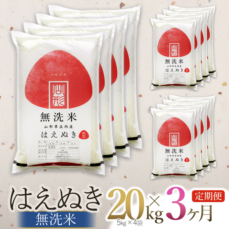 【令和7年産】【3ヶ月定期便】 はえぬき 無洗米 20kg (5kg×4袋) ×3回 (計60kg)　山形県庄内産　有限会社 阿部ベイコク