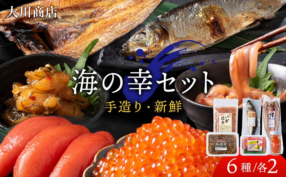 
                  海の幸　2セット（・イカの塩辛140g ・松前漬け 220g ・たらこ 170g ・正油いくら 50g ・糀糠にしん 1尾 ・開きほっけ 1尾）＜大川商店＞
                
