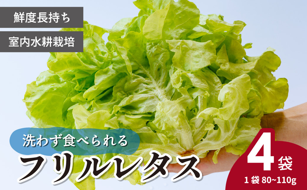 
            ＜洗わず食べられる・室内水耕栽培＞ フリルレタス 4袋 (1袋80~110g) ｜ 埼玉県 東松山市 農薬不使用 フリルレタス レタス 洗わずに食べられる 新鮮レタス オーガニック野菜 無農薬 野菜直送 フレッシュ サラダ用野菜 健康志向 こだわり フレッシュ 産地直送 食品ギフト セット 緑黄色野菜 送料無料 ふるさと納税 ダイエット 新鮮 安心野菜 小分け 栄養 鮮度長持ち 無農薬栽培 工場生産 安全 安心 一人暮らし 家族
          